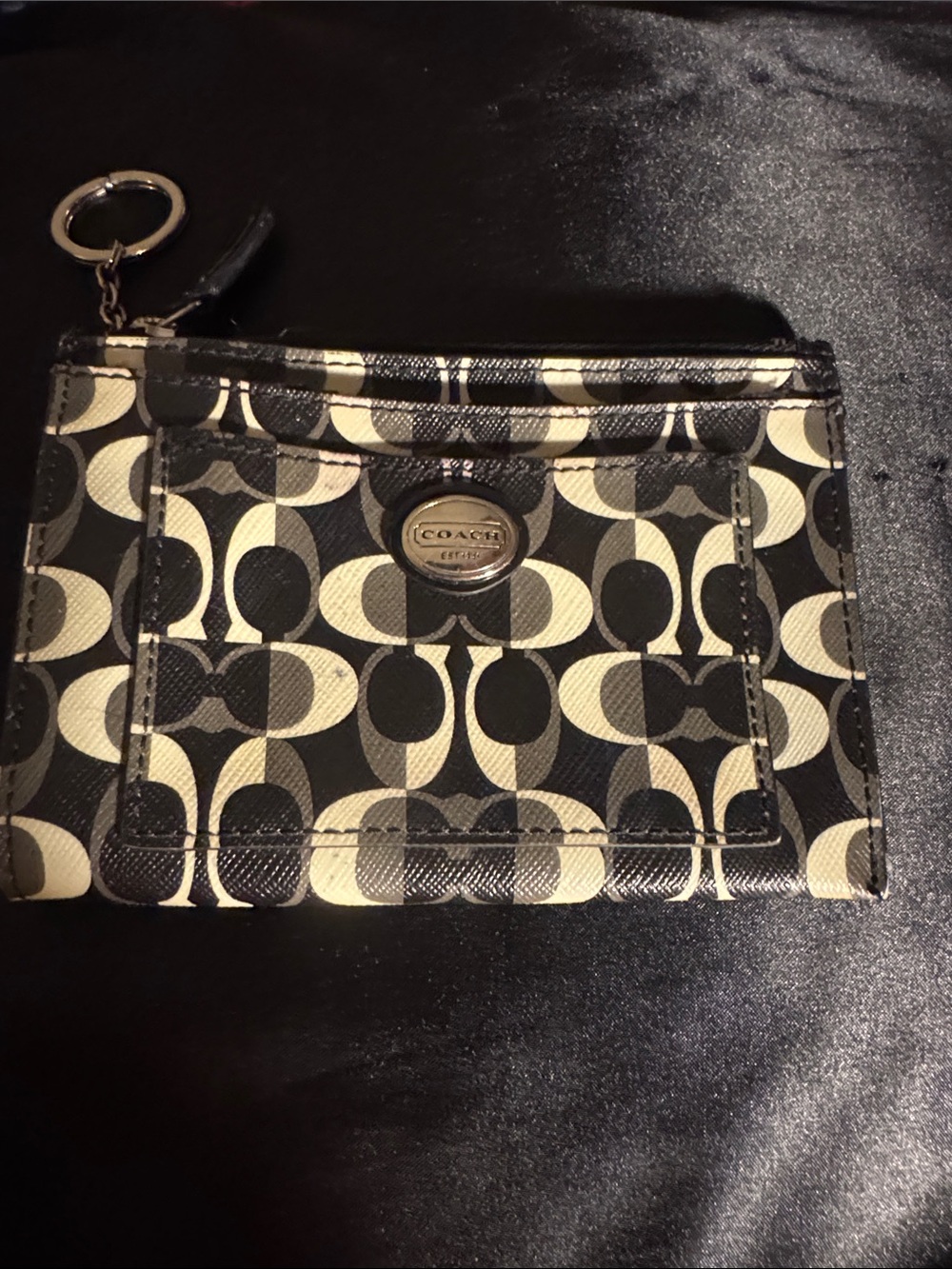Coach Black and Cream Signature Card Case with Keyring